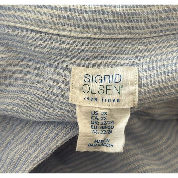 Sigrid Olsen Linen Cotton Long Roll Tab Sleeve Button Down Shirt Blue Striped 2X - Picture 4 of 4